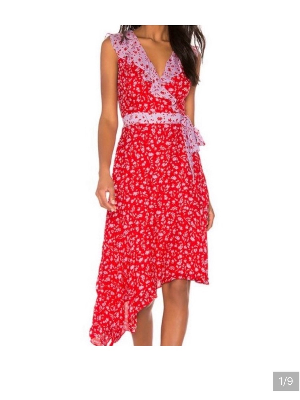 Parker Red Floral Wrap Dress with Lavender Trim